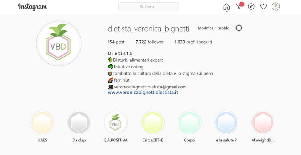 Screenshot del profilo Instagram di Veronica Bignetti